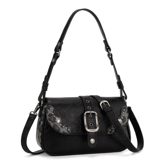 WG528-2003BK - Wrangler Western Buckle Studded Shoulder Crossbody Bag - Black