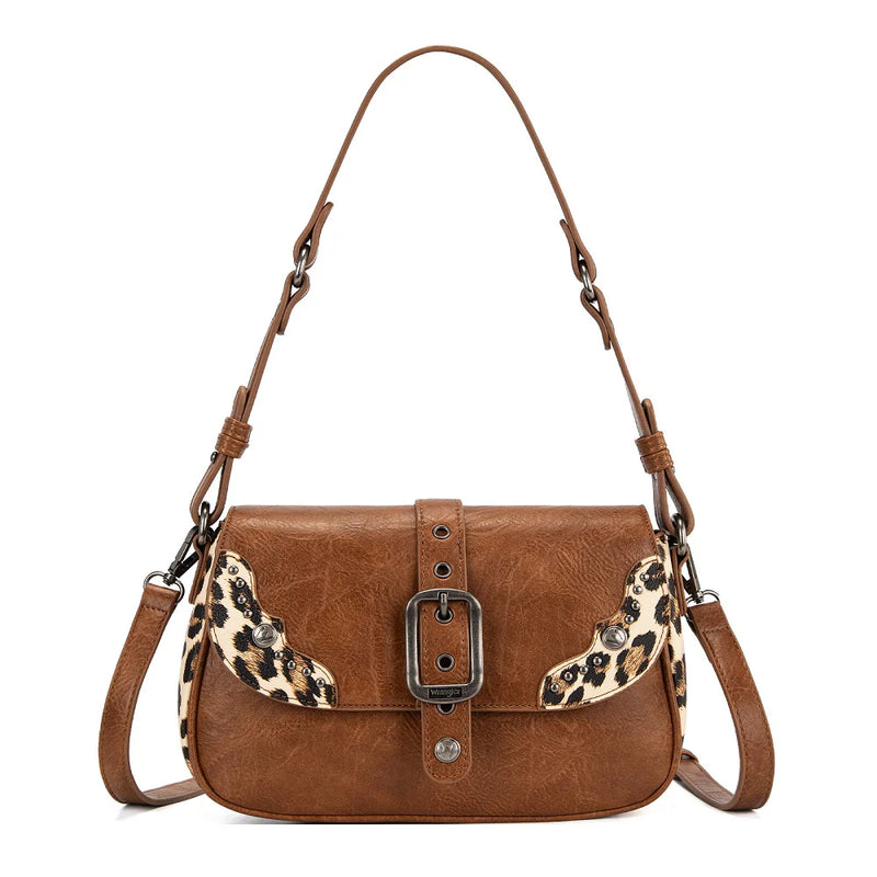 Load image into Gallery viewer, WG528-2003BR - Wrangler Western Buckle Studded Shoulder Crossbody Bag - Brown
