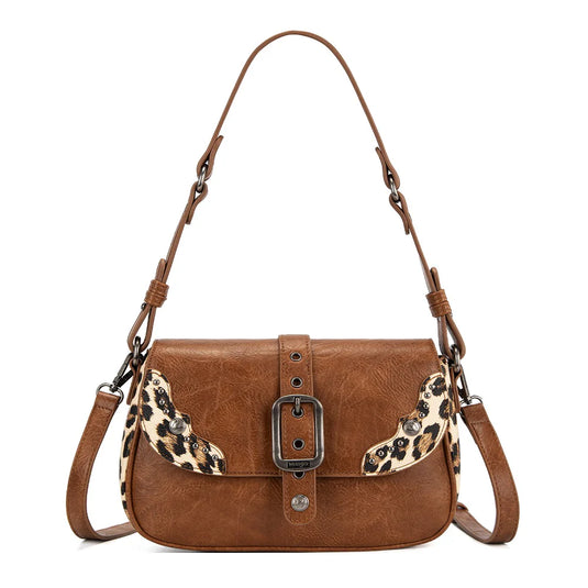 WG528-2003BR - Wrangler Western Buckle Studded Shoulder Crossbody Bag - Brown