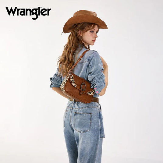 WG528-2003BR - Wrangler Western Buckle Studded Shoulder Crossbody Bag - Brown