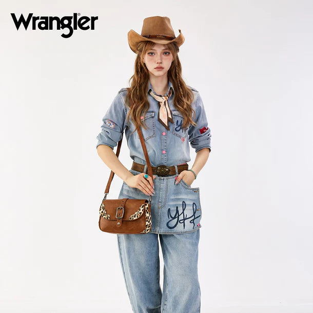 Load image into Gallery viewer, WG528-2003BR - Wrangler Western Buckle Studded Shoulder Crossbody Bag - Brown
