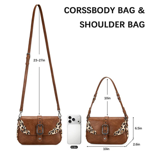 WG528-2003BR - Wrangler Western Buckle Studded Shoulder Crossbody Bag - Brown