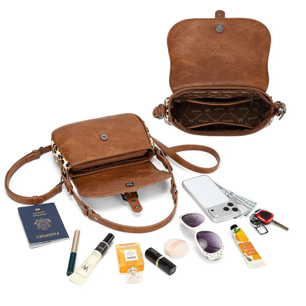 Load image into Gallery viewer, WG528-2003BR - Wrangler Western Buckle Studded Shoulder Crossbody Bag - Brown
