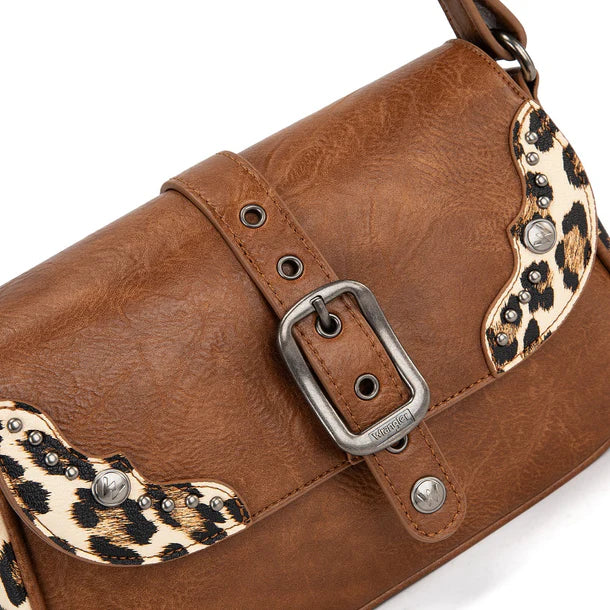 Load image into Gallery viewer, WG528-2003BR - Wrangler Western Buckle Studded Shoulder Crossbody Bag - Brown
