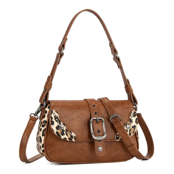 Load image into Gallery viewer, WG528-2003BR - Wrangler Western Buckle Studded Shoulder Crossbody Bag - Brown
