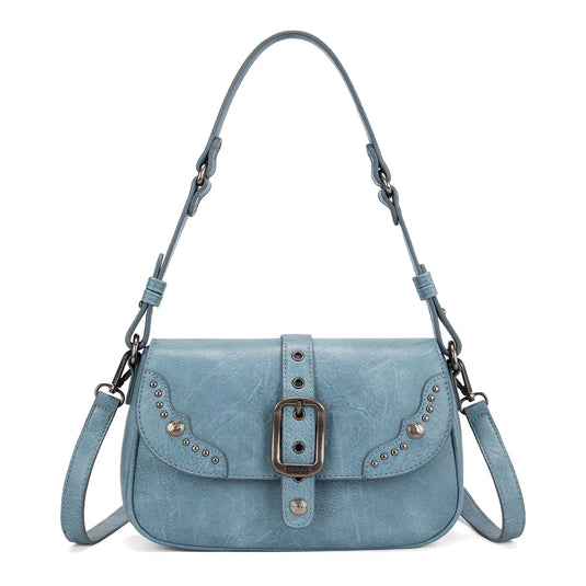 WG528-2003JN - Wrangler Western Buckle Studded Shoulder Crossbody Bag - Jean