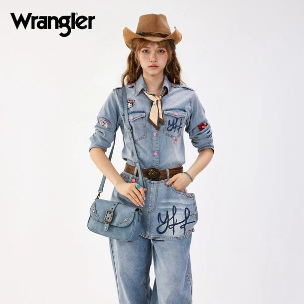 Load image into Gallery viewer, WG528-2003JN - Wrangler Western Buckle Studded Shoulder Crossbody Bag - Jean
