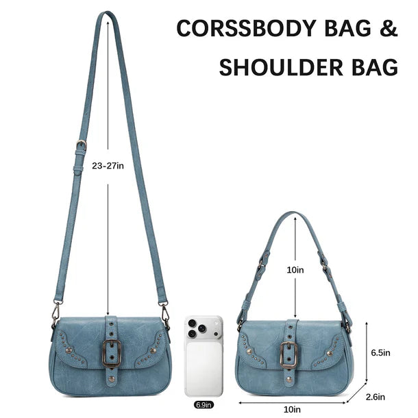 Load image into Gallery viewer, WG528-2003JN - Wrangler Western Buckle Studded Shoulder Crossbody Bag - Jean
