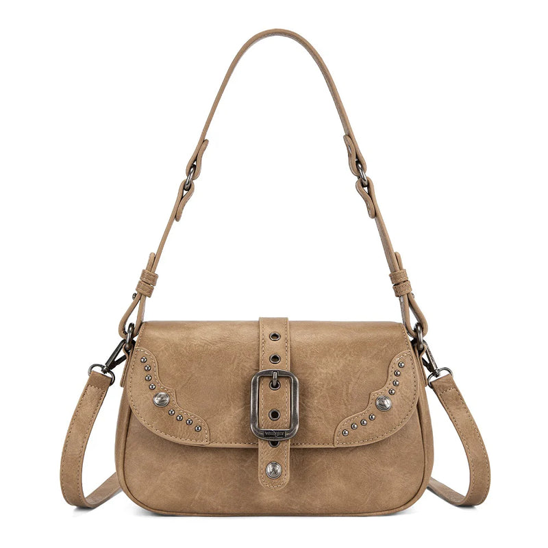 Load image into Gallery viewer, WG528-2003KH - Wrangler Western Buckle Studded Shoulder Crossbody Bag - Khaki
