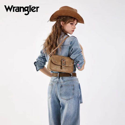 WG528-2003KH - Wrangler Western Buckle Studded Shoulder Crossbody Bag - Khaki
