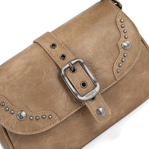 Load image into Gallery viewer, WG528-2003KH - Wrangler Western Buckle Studded Shoulder Crossbody Bag - Khaki
