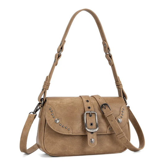 WG528-2003KH - Wrangler Western Buckle Studded Shoulder Crossbody Bag - Khaki