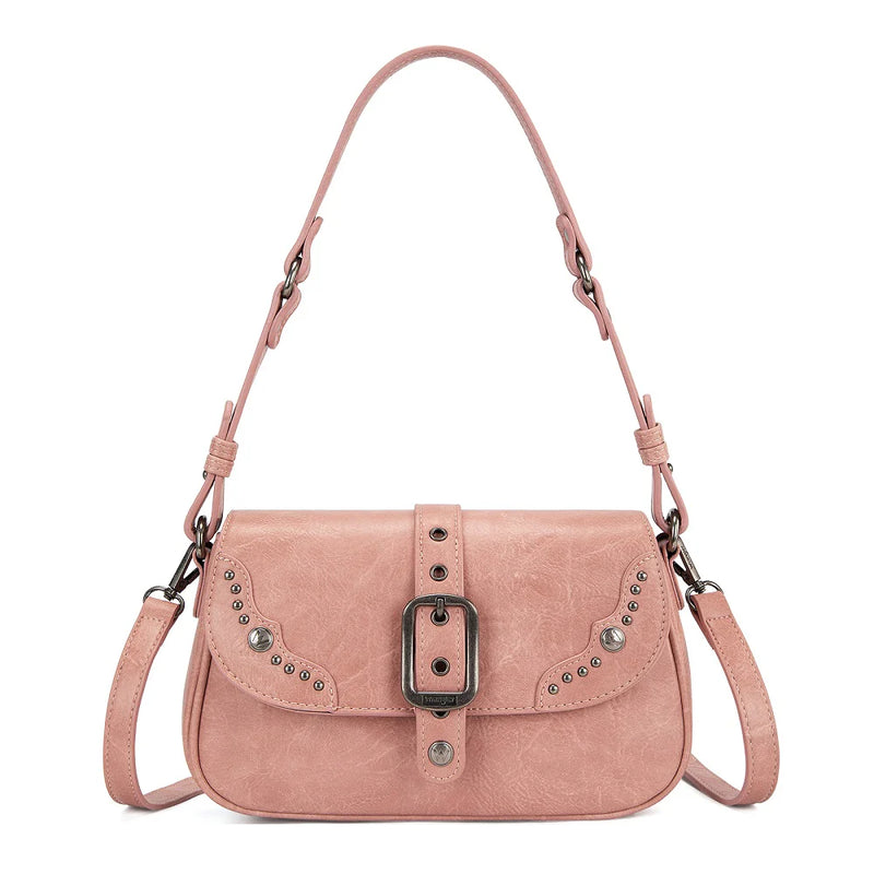 Load image into Gallery viewer, WG528-2003PK - Wrangler Western Buckle Studded Shoulder Crossbody Bag - Pink
