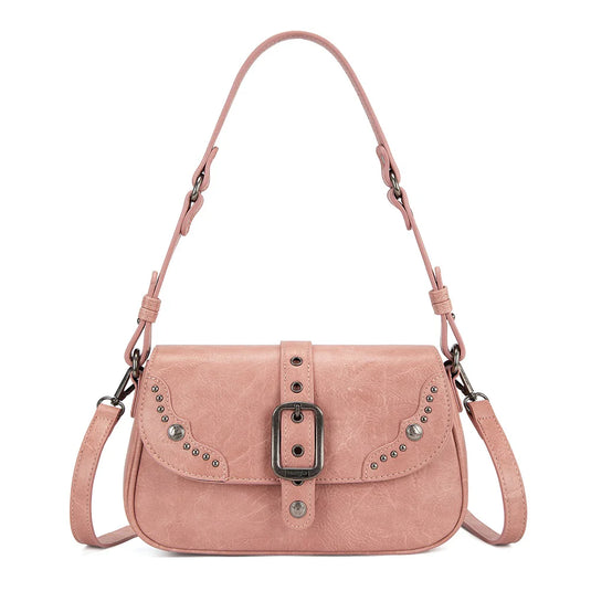 WG528-2003PK - Wrangler Western Buckle Studded Shoulder Crossbody Bag - Pink