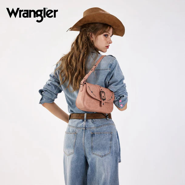 Load image into Gallery viewer, WG528-2003PK - Wrangler Western Buckle Studded Shoulder Crossbody Bag - Pink
