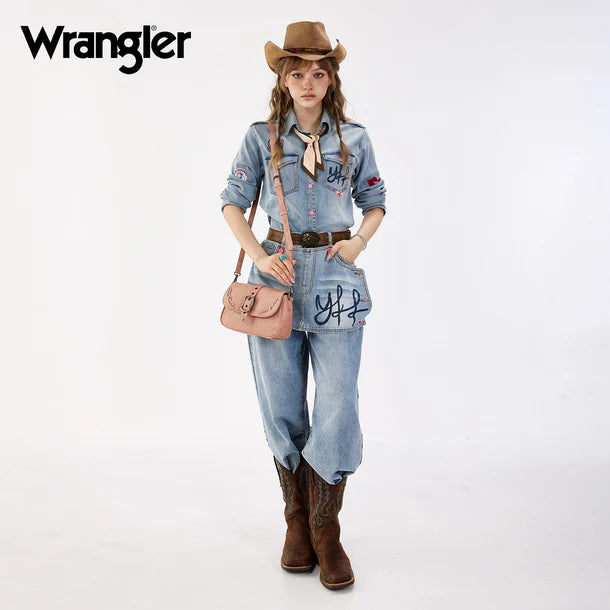 Load image into Gallery viewer, WG528-2003PK - Wrangler Western Buckle Studded Shoulder Crossbody Bag - Pink
