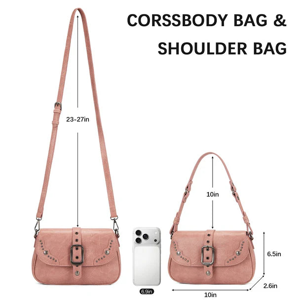 Load image into Gallery viewer, WG528-2003PK - Wrangler Western Buckle Studded Shoulder Crossbody Bag - Pink
