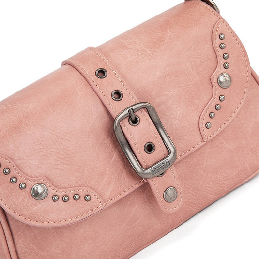 WG528-2003PK - Wrangler Western Buckle Studded Shoulder Crossbody Bag - Pink