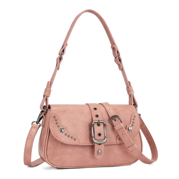 Load image into Gallery viewer, WG528-2003PK - Wrangler Western Buckle Studded Shoulder Crossbody Bag - Pink
