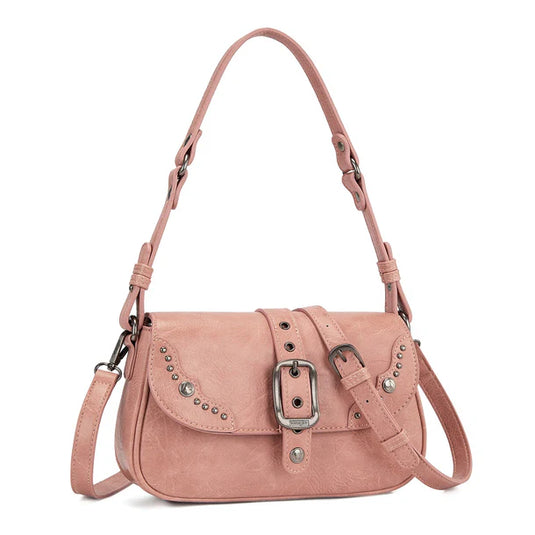WG528-2003PK - Wrangler Western Buckle Studded Shoulder Crossbody Bag - Pink