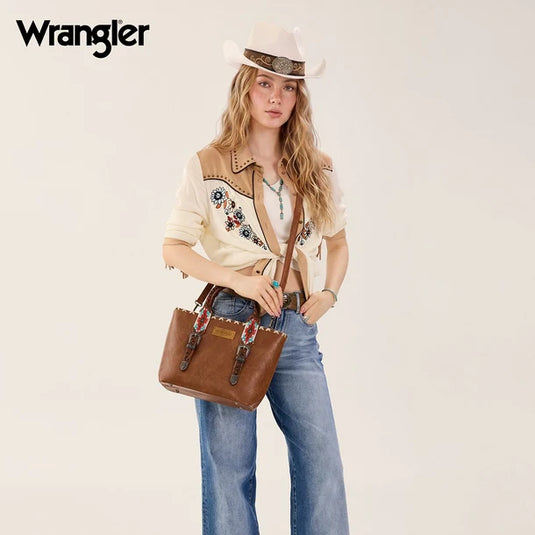 WG529-2002BR - Wrangler Western Embroidery Tote Bag - Brown