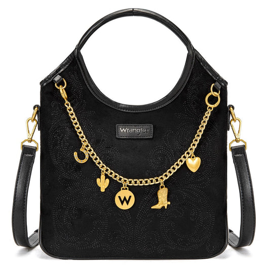WG533-9801BK - Wrangler Charm Chain Hobo Tote Bag - Black