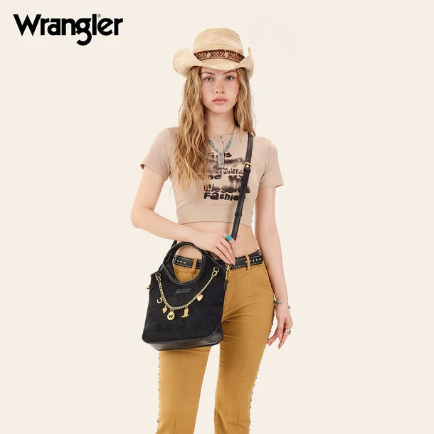 Load image into Gallery viewer, WG533-9801BK - Wrangler Charm Chain Hobo Tote Bag - Black
