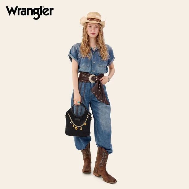 Load image into Gallery viewer, WG533-9801BK - Wrangler Charm Chain Hobo Tote Bag - Black
