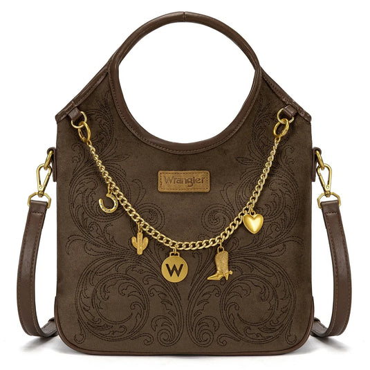 WG533-9801CF - Wrangler Charm Chain Hobo Tote Bag - Coffee