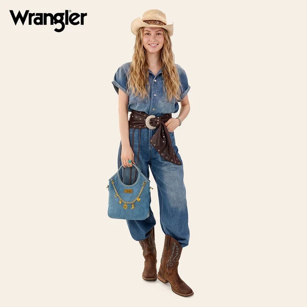 Load image into Gallery viewer, WG533-9801JN - Wrangler Charm Chain Hobo Tote Bag - Jean
