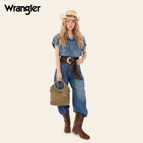 Load image into Gallery viewer, WG533-9801KH - Wrangler Charm Chain Hobo Tote Bag - Khaki
