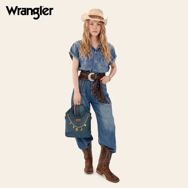 Load image into Gallery viewer, WG533-9801NY - Wrangler Charm Chain Hobo Tote Bag - Navy
