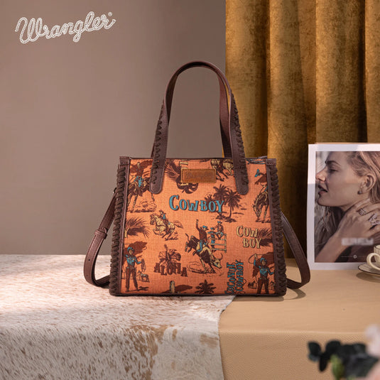WG60G-8317DBR - Wrangler Vintage Retro Cowboy Print Concealed Carry Satchel/Crossbody
