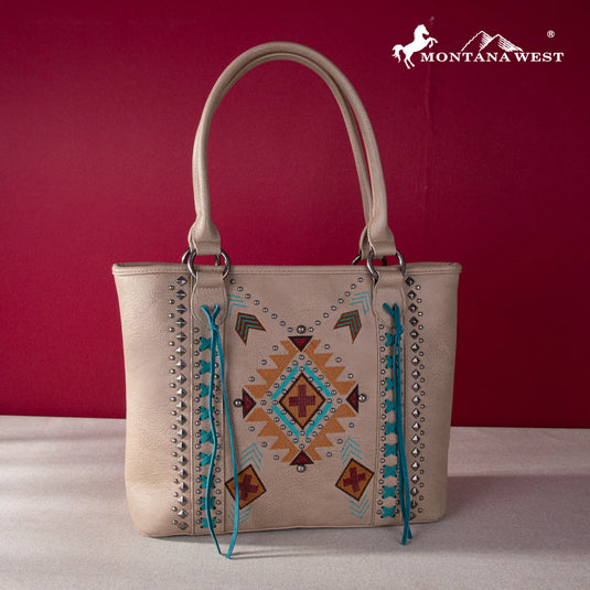 MW1248G-8317TN - Montana West Embroidered Aztec Collection Concealed Carry Tote