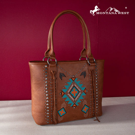 MW1248G-8317BR - Montana West Embroidered Aztec Collection Concealed Carry Tote