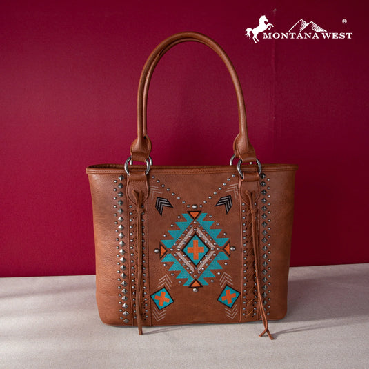 MW1248G-8317BR - Montana West Embroidered Aztec Collection Concealed Carry Tote