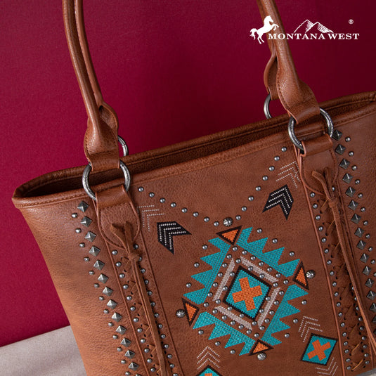 MW1248G-8317BR - Montana West Embroidered Aztec Collection Concealed Carry Tote