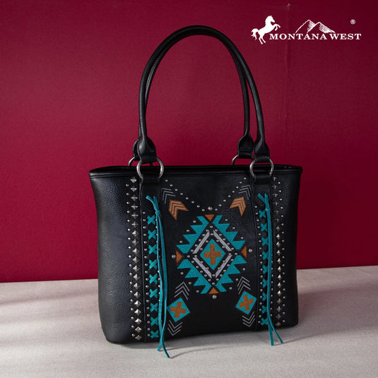 MW1248G-8317BK - Montana West Embroidered Aztec Collection Concealed Carry Tote