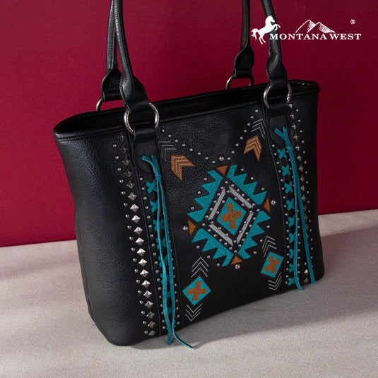 MW1248G-8317BK - Montana West Embroidered Aztec Collection Concealed Carry Tote