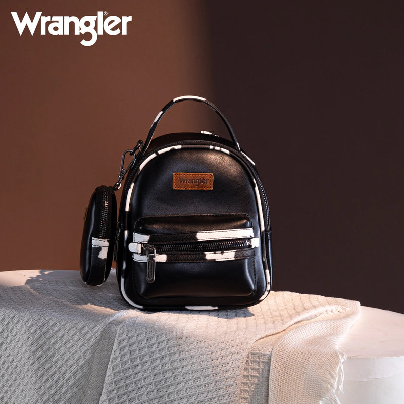 Load image into Gallery viewer, WG102-8600BK - Wrangler Cow Print Trimmed Mini Backpack With Coin Pouch - Black
