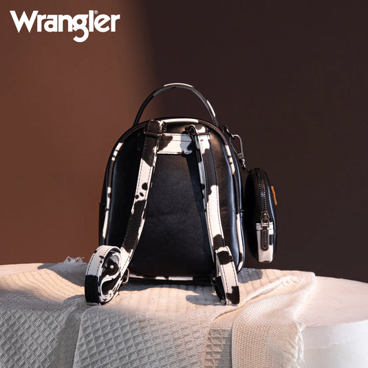 WG102-8600BK - Wrangler Cow Print Trimmed Mini Backpack With Coin Pouch - Black