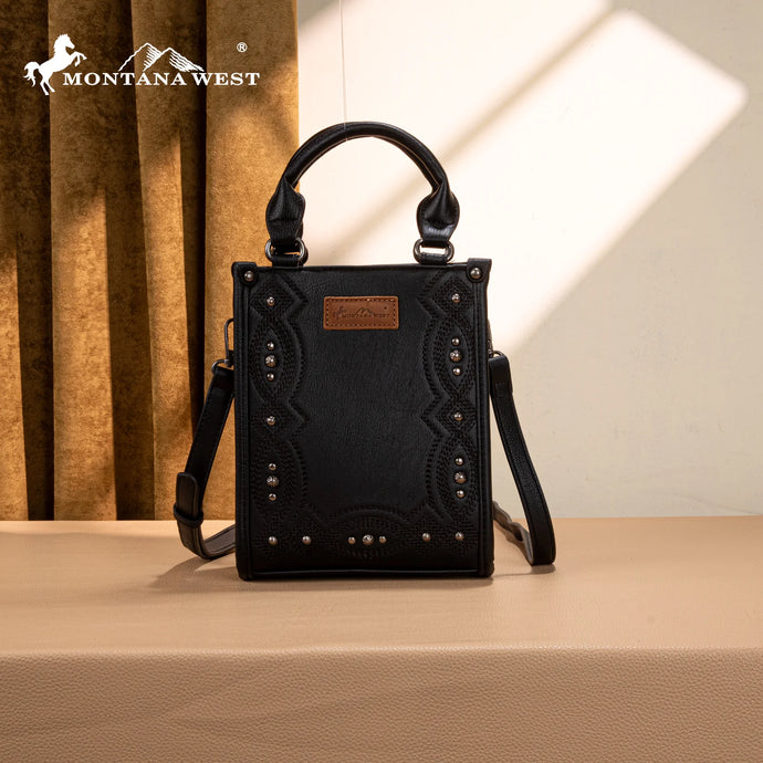 MW1334-1831BK - Montana West Embroidered Aztec Small Tote/Crossbody - Black