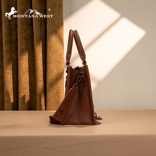MW1339-2002BR- Montana West Tooled Concho Concealed Carry Tote/Crossbody -Brown