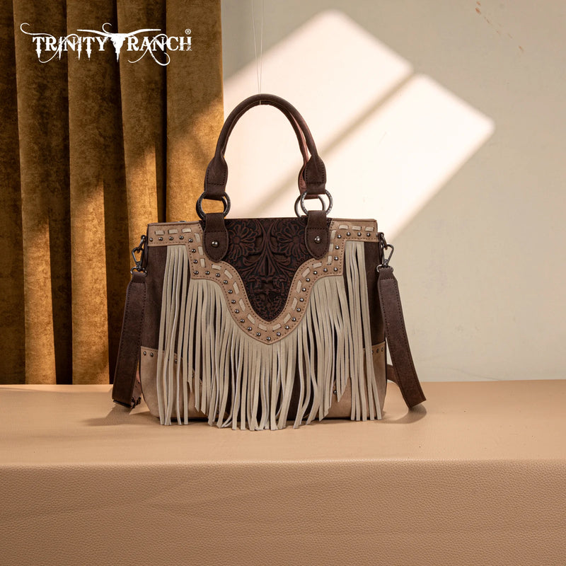 Load image into Gallery viewer, TR194-8250CF - Trinity Ranch Floral Tooled Fringe Tote/Crossbody - Coffee
