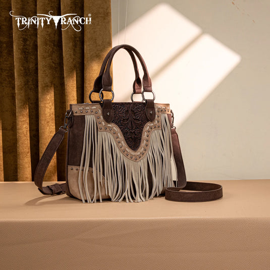 TR194-8250CF - Trinity Ranch Floral Tooled Fringe Tote/Crossbody - Coffee