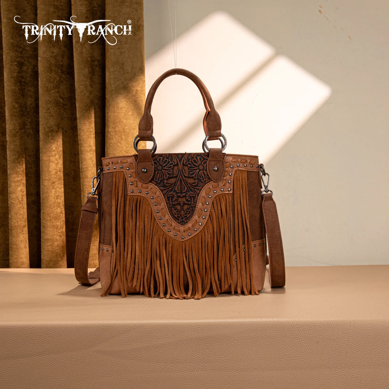Load image into Gallery viewer, TR194-8250BR - Trinity Ranch Floral Tooled Fringe Tote/Crossbody - Brown
