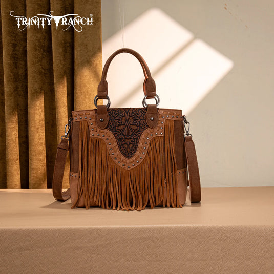 TR194-8250BR - Trinity Ranch Floral Tooled Fringe Tote/Crossbody - Brown