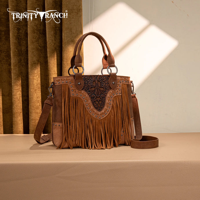 TR194-8250BR - Trinity Ranch Floral Tooled Fringe Tote/Crossbody - Brown