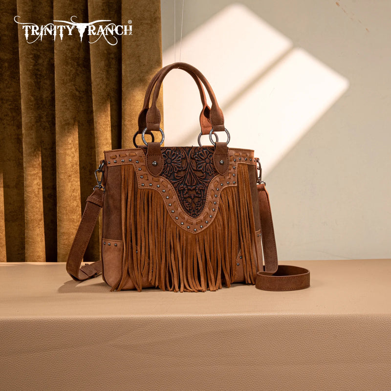 Load image into Gallery viewer, TR194-8250BR - Trinity Ranch Floral Tooled Fringe Tote/Crossbody - Brown
