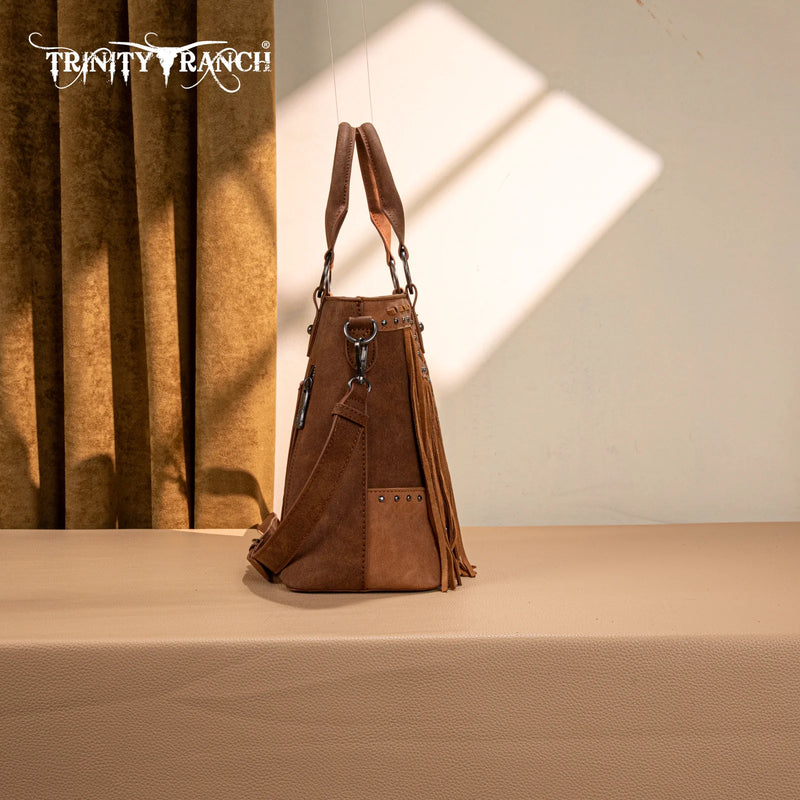 Load image into Gallery viewer, TR194-8250BR - Trinity Ranch Floral Tooled Fringe Tote/Crossbody - Brown
